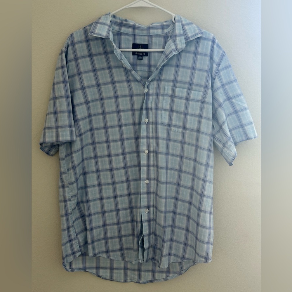 Men’s “GEORGE” Blue/White Plaid Short Sleeved Button Up Shirt SIZE:M
